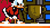 a pixel art of donald duck and a trophy with the number 1 on it