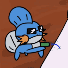 a cartoon drawing of a blue fish wearing sunglasses and holding a green object