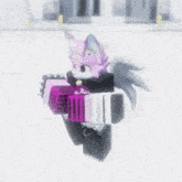 a cartoon character is holding a pink accordion