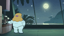 a cartoon character looking out a window at the moon