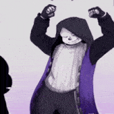 a drawing of a skeleton wearing a purple jacket and a black hood .