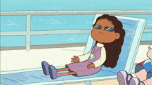 a cartoon girl wearing sunglasses is sitting on a lounge chair