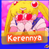 a cartoon of a girl with hearts in her eyes and the word kerennya below her