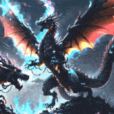 a painting of a dragon with glowing wings standing on a rock
