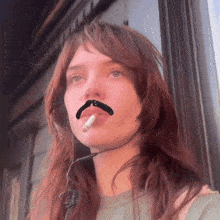 a woman with a fake mustache on her face smoking a cigarette