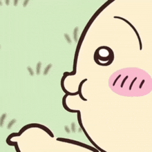 a close up of a cartoon baby 's face with a pink nose and a pink cheek .