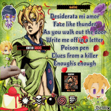 a picture of a cartoon character with the words desirarata mi amor fate like thunder