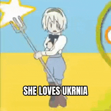 a cartoon of a girl holding a pitchfork with the words she loves ukrnia above her