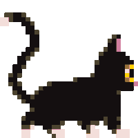 a pixel art drawing of a black cat with a yellow eye and pink nose .