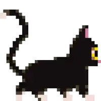 a pixel art drawing of a black cat with a yellow eye and pink nose .