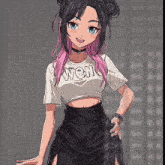 a girl with pink hair is wearing a crop top with the word wem written on it .