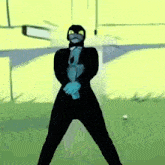 a cartoon character in a black and blue suit is standing on a field .