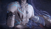 a man with long purple hair is holding a shell