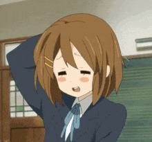 a cartoon girl is standing in front of a blackboard in a classroom with her hand on her head .