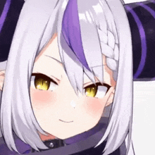 a close up of a cartoon character with purple hair and yellow eyes .