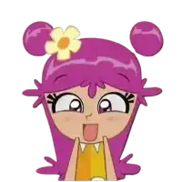 a cartoon girl with purple hair and a flower in her hair