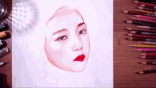 a drawing of a woman 's face with colored pencils on a wooden table