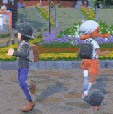 a girl with a backpack is running towards another girl