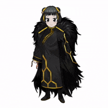 a drawing of a girl wearing a black and gold dress