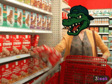 a woman is shopping in a store with a picture of a crocodile head on her head
