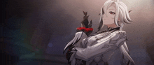 a girl with long white hair and red eyes is wearing a white jacket and gloves .