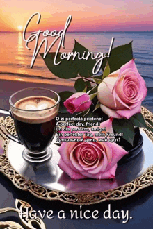 a cup of coffee and roses on a tray with the words good morning have a nice day