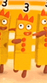 a group of cartoon characters are standing next to each other .