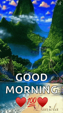 a picture of a waterfall with the words good morning