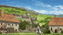 two anime characters are fighting in a field in front of a mountain
