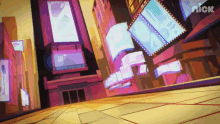 a cartoon drawing of a city with the nick logo on the bottom