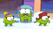 a cartoon character with glasses and a hat is standing next to two other cartoon characters