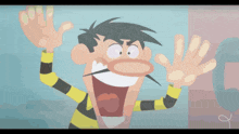 a cartoon drawing of a man with a mustache waving his hands