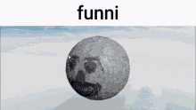 a 3d model of a rock with a face drawn on it and the word funni above it .