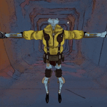 a cartoon drawing of a robot in a yellow jacket with a hood