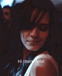 a picture of a woman with the words hi there amid on the bottom right