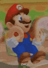 a cartoon character named mario is holding two donuts in his hands and says zac