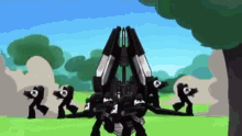 a group of stick figures are standing in front of a robot in a cartoon .