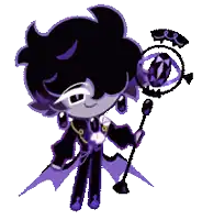 a cartoon character is holding a purple wand and a purple sphere .