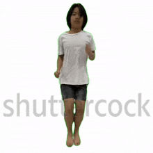 a girl in a white shirt and black shorts is running in front of a white background that says shutter cock