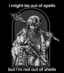 a black and white drawing of a man with a beard holding a gun