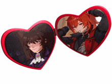 a red heart shaped mirror with a picture of a girl