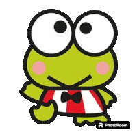 keroppi the frog from sanrio is wearing a red and white striped shirt and bow tie .