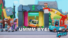 a group of cartoon characters are standing in front of a building that says ' ummm bye '