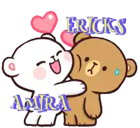 a cartoon of two teddy bears hugging with the name amra on the bottom right