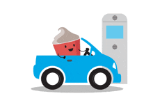 a cartoon drawing of a cup of ice cream driving a car
