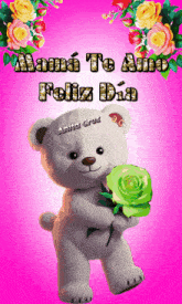 a teddy bear holding a green rose with the words mama te amo feliz dia