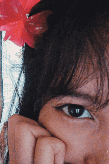 a close up of a person 's face with a flower in her hair