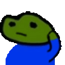 a green frog is wearing a blue shirt and looking sad .
