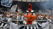 a rooster mascot stands in front of a crowd with the words aqui e galooo above him