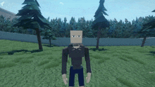 a cartoon character with a square head is standing in a field
